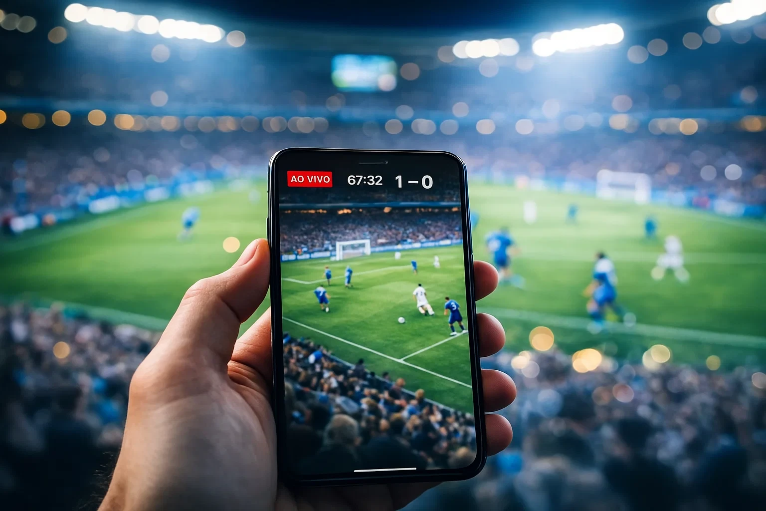 Telemóvel a mostrar transmissão ao vivo de jogo de futebol com estatísticas em tempo real e ambiente de estádio desfocado no fundo