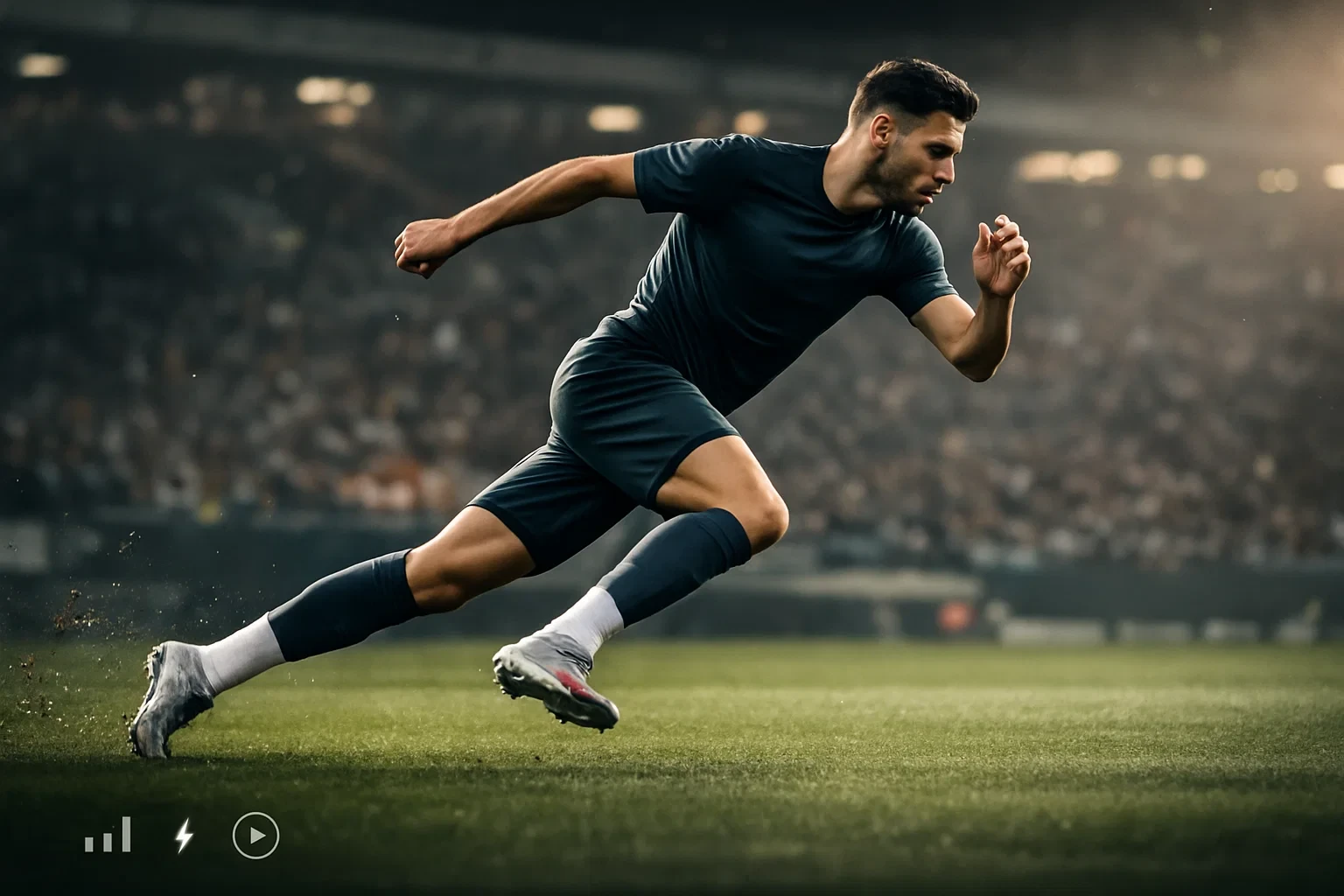 Jogador de futebol em acção no campo com estatísticas individuais destacadas