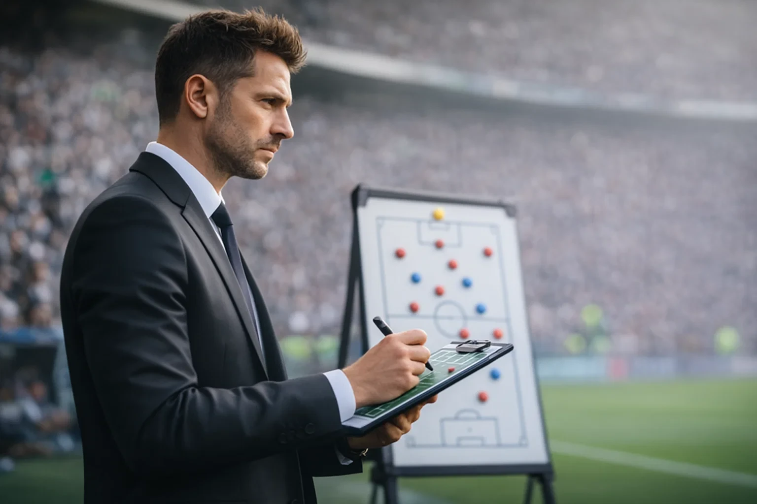 Treinador de futebol a planear estratégia com quadro táctico e notas