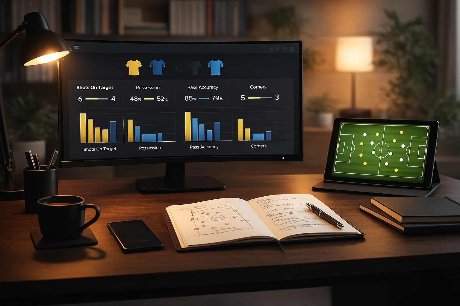 Analista a utilizar ferramentas digitais para análise de estatísticas de futebol