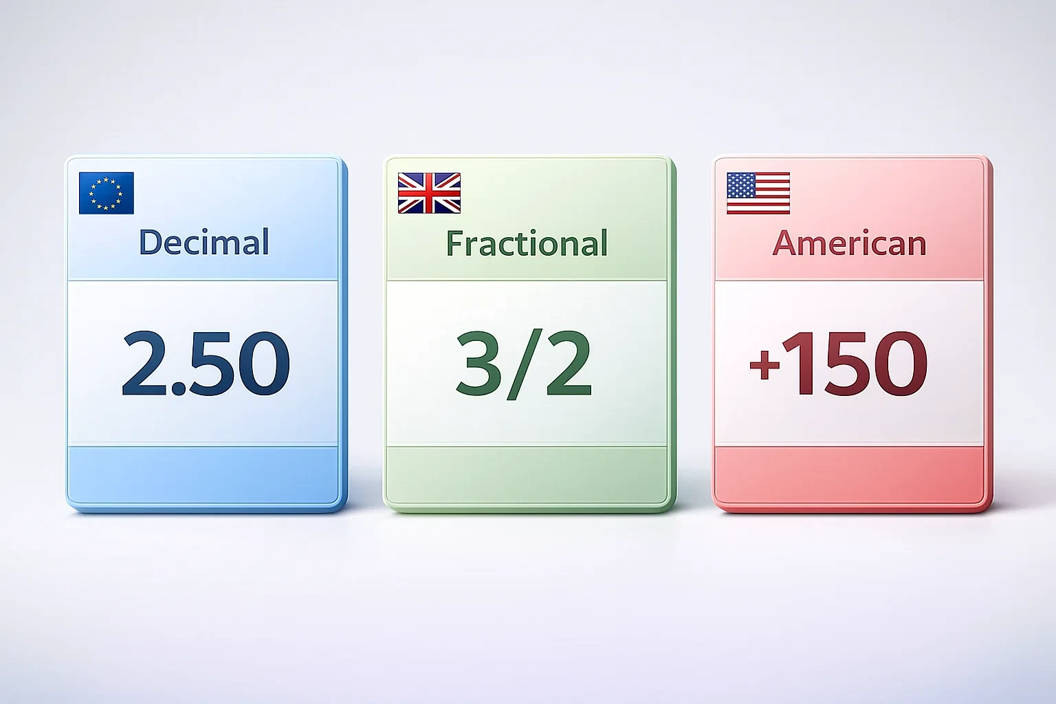 Comparação visual dos três formatos de odds: decimal, fraccionário e americano