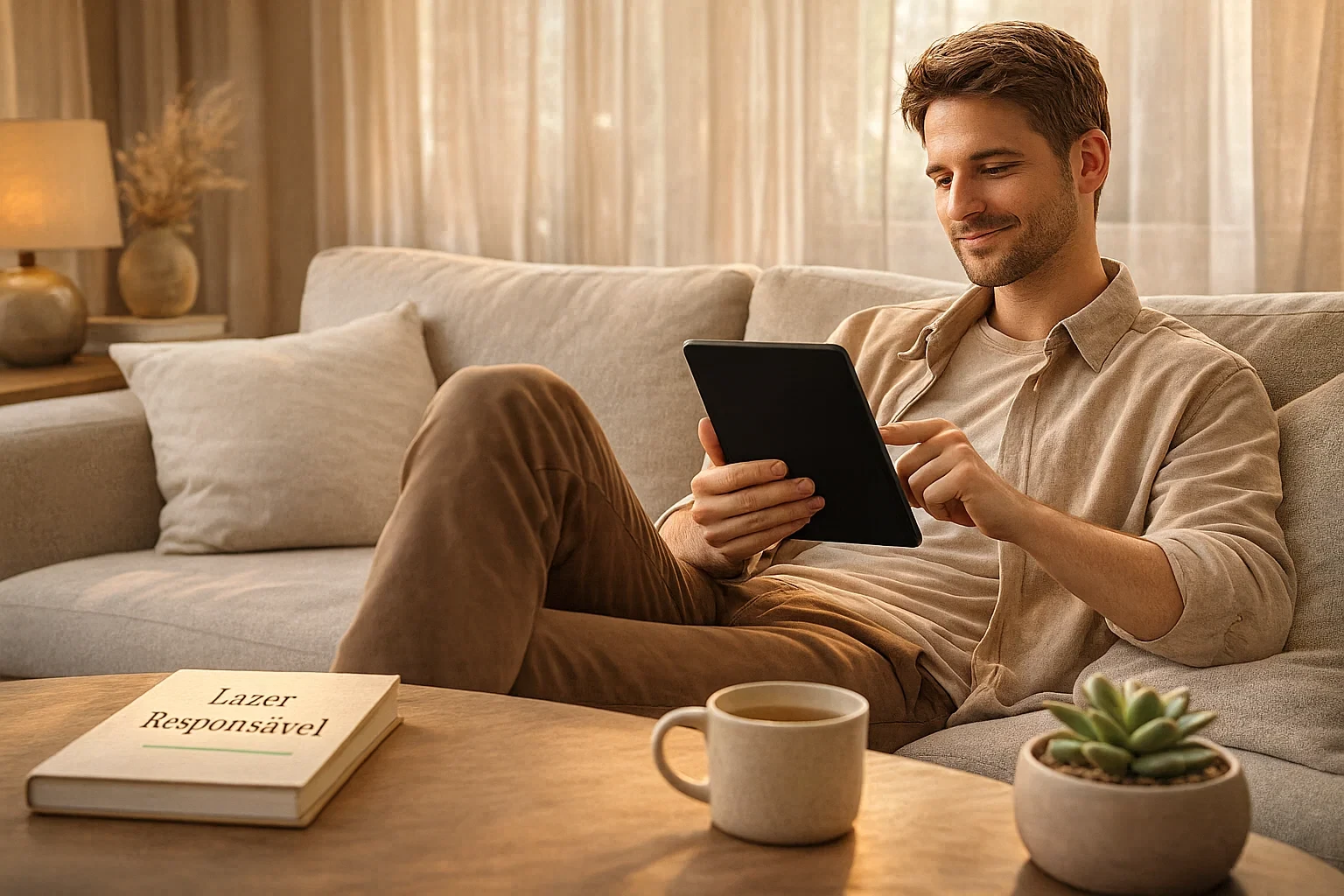 Pessoa relaxada no sofá a usar tablet com interface de definição de limites de apostas, ambiente calmo e equilibrado
