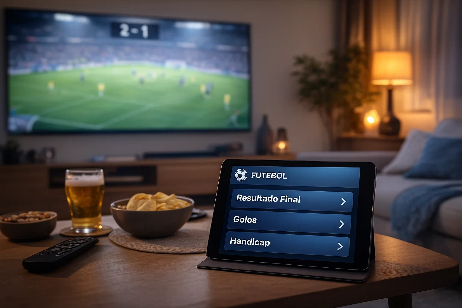 Tablet a mostrar aplicação de apostas com diferentes mercados de futebol numa sala de estar moderna com jogo na televisão