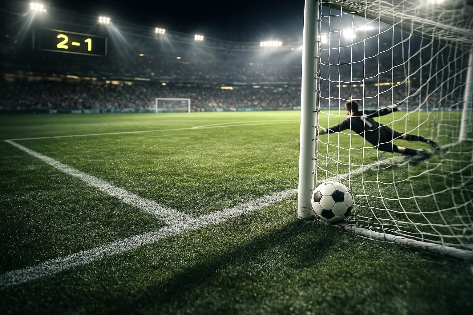 Campo de futebol com marcador mostrando golos e estatísticas de jogo