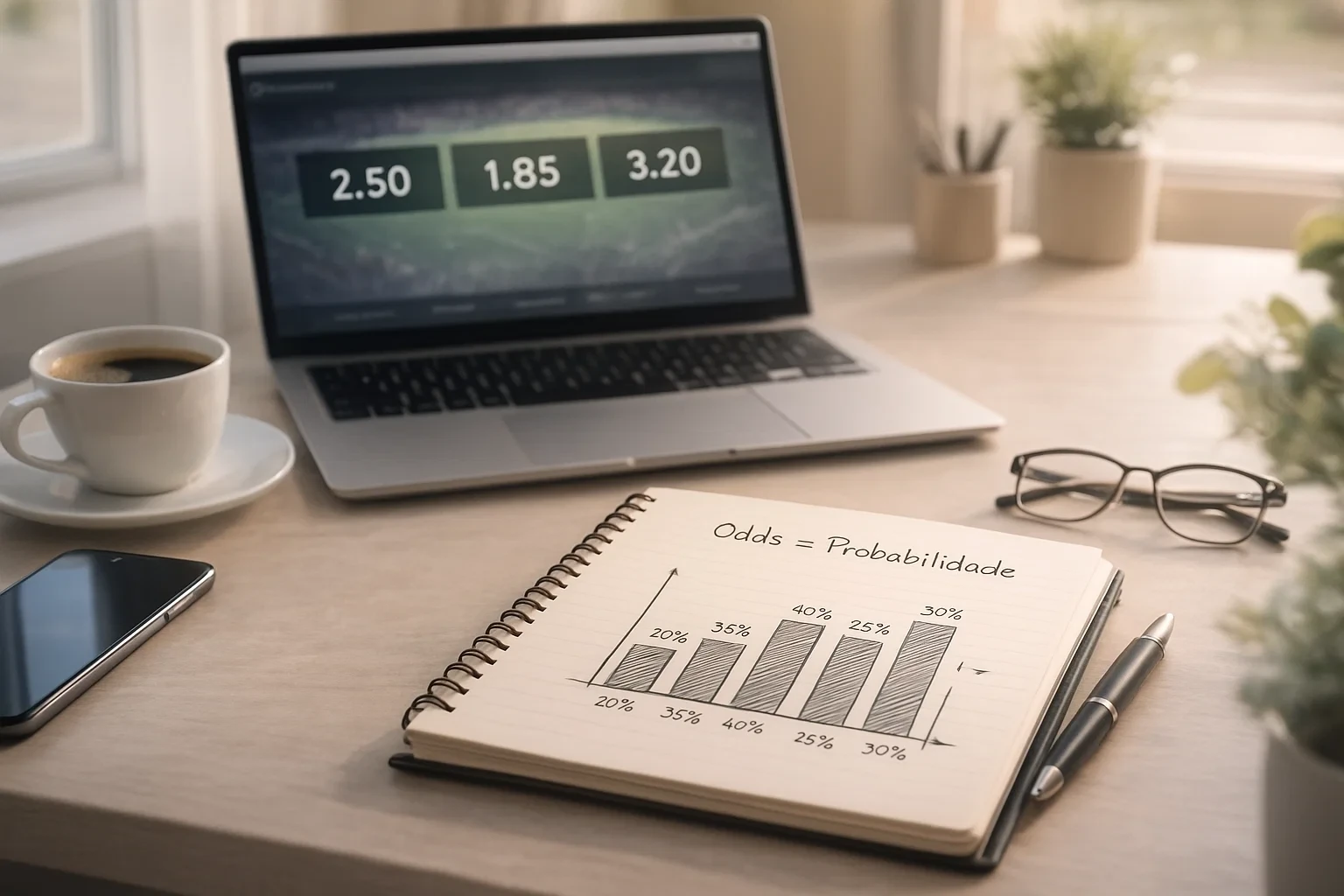 Espaço de trabalho de analista desportivo com portátil a mostrar odds decimais e caderno com anotações sobre probabilidades