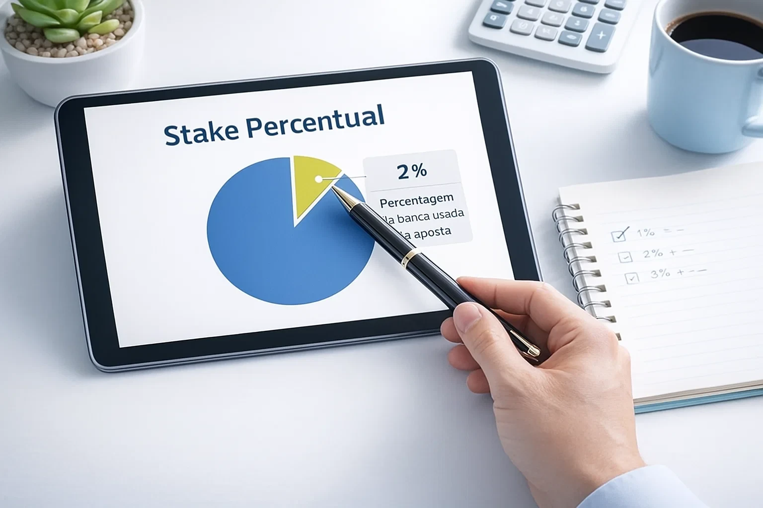 Demonstração visual do sistema de stake percentual com proporções claras