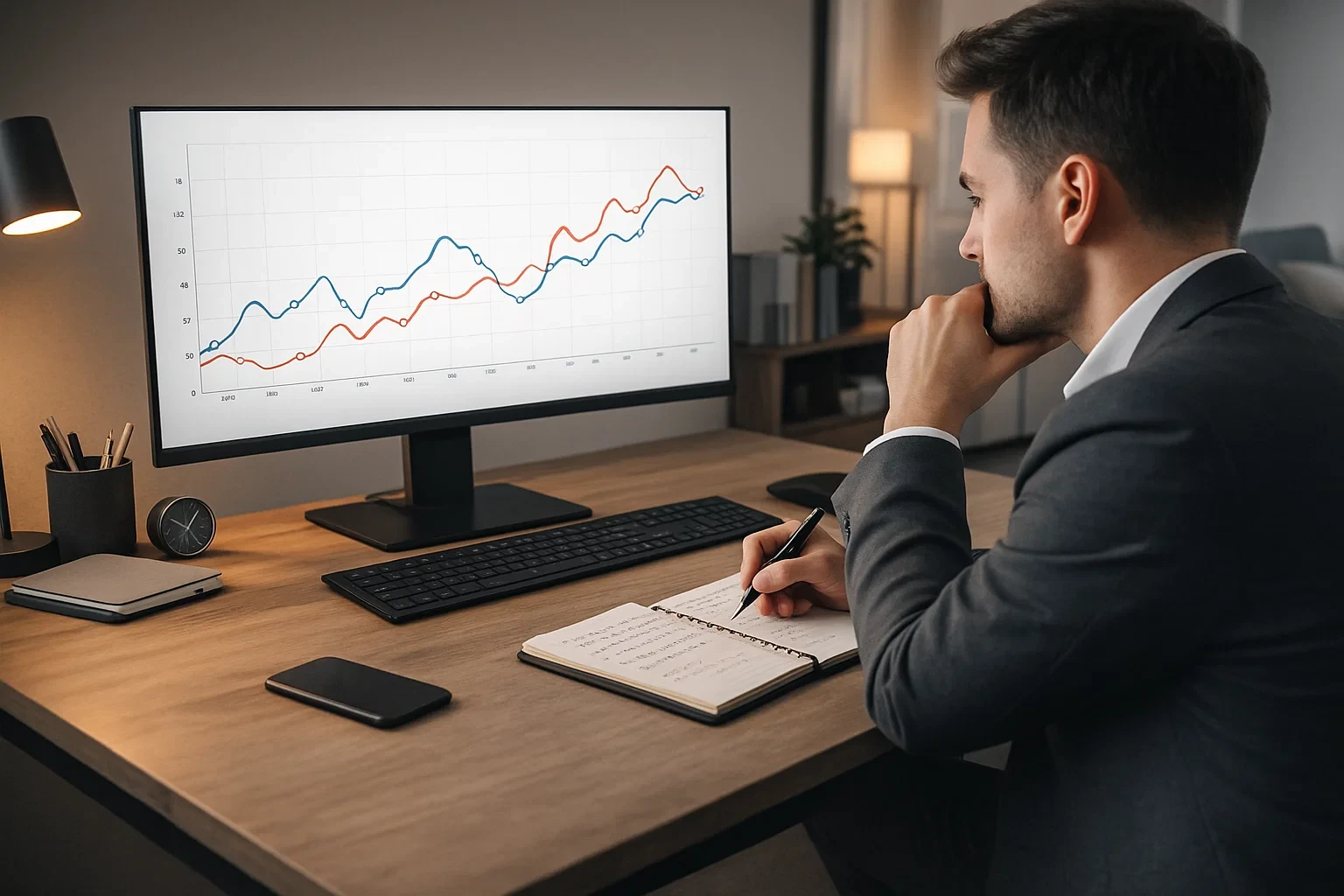 Profissional a analisar gráficos de variância e flutuações de resultados em apostas